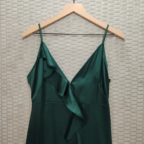 12th Tribe Green Satin Ruffle Maxi Dress High Slit-Medium - Picture 4 of 15